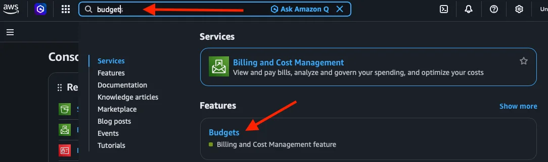 Buscar Budgets en la consola de AWS