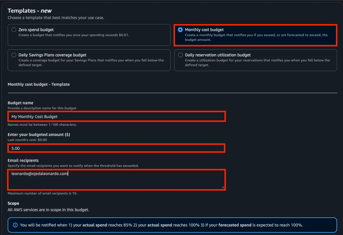 Plantilla Monthly cost budget con nombre, monto y email configurados