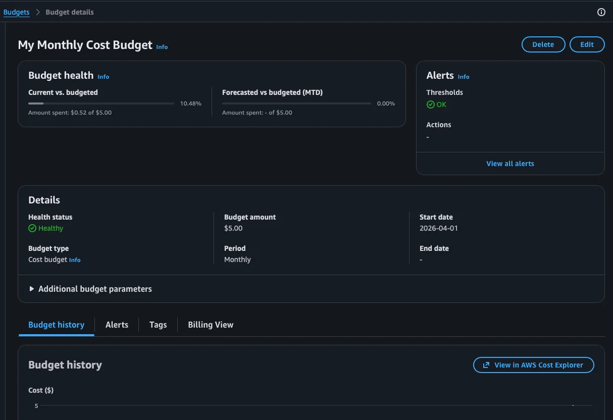 Detalle del presupuesto con Budget health, Alerts y Details