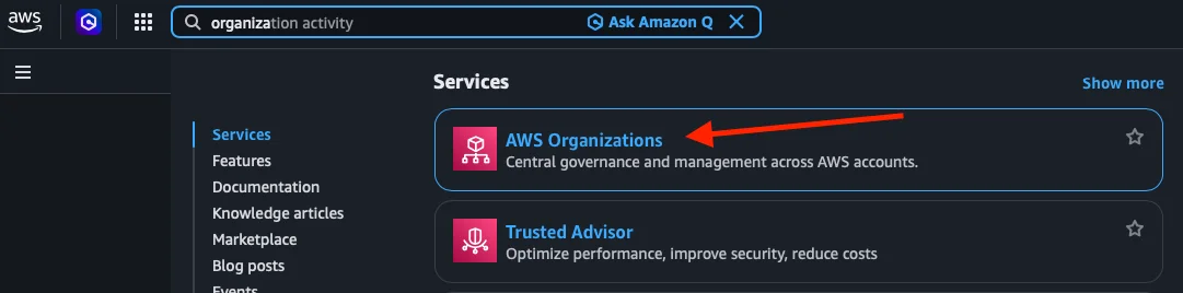 Buscar Organizations en la consola de AWS