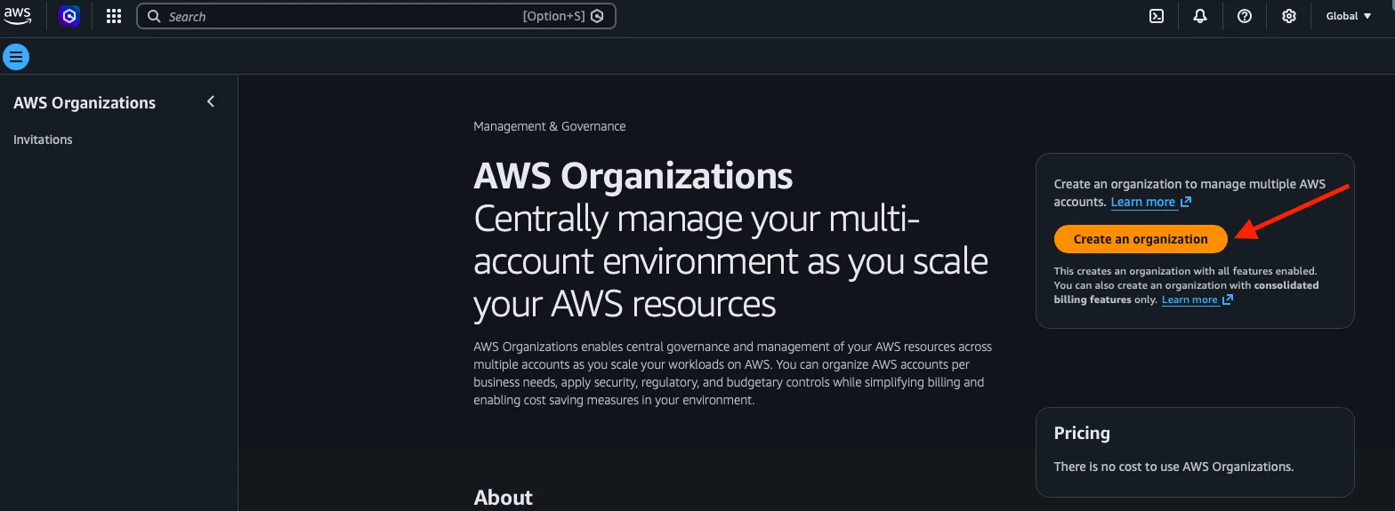 Página principal de AWS Organizations con el botón Create an organization