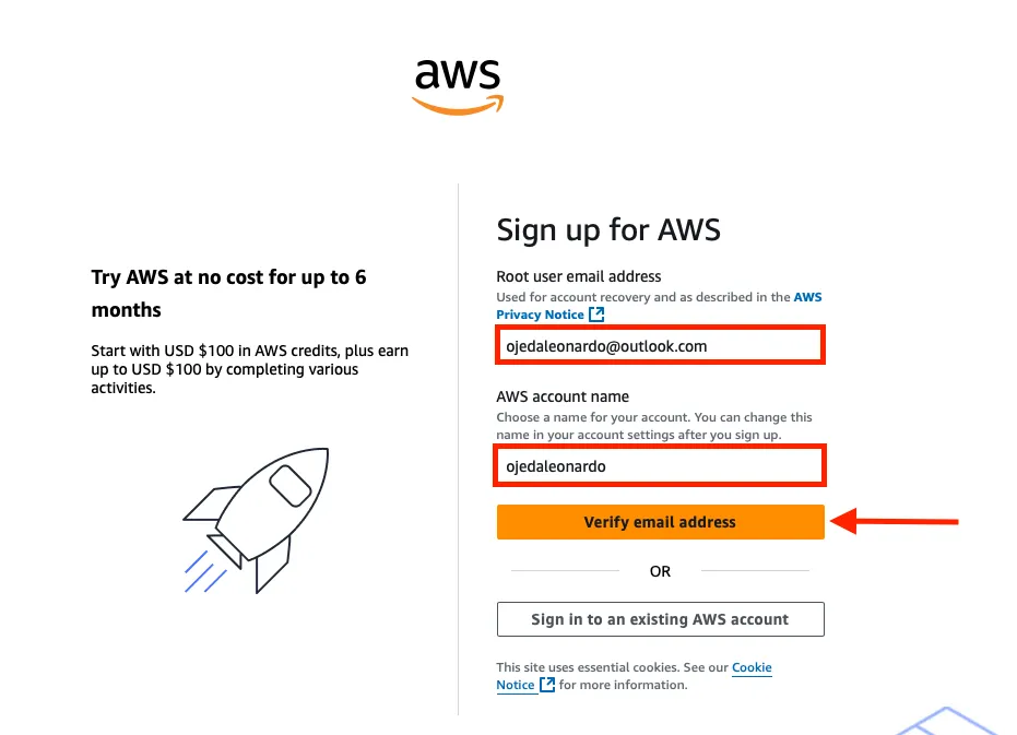 Registro de correo electrónico y nombre de cuenta