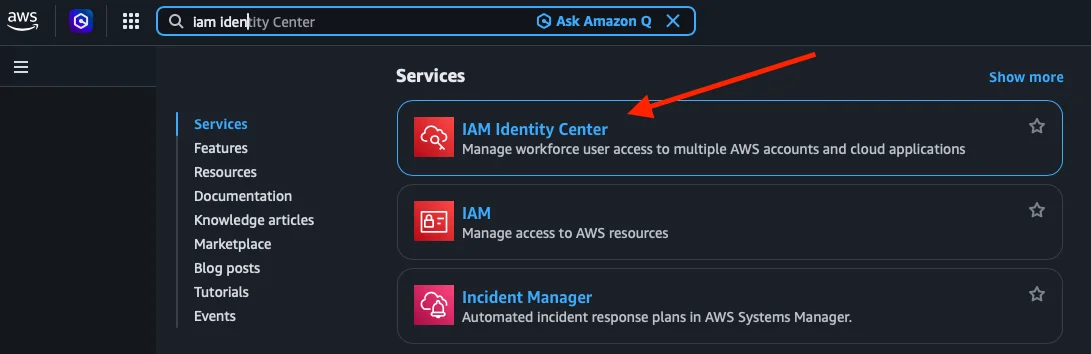 Buscar IAM Identity Center en la consola de AWS
