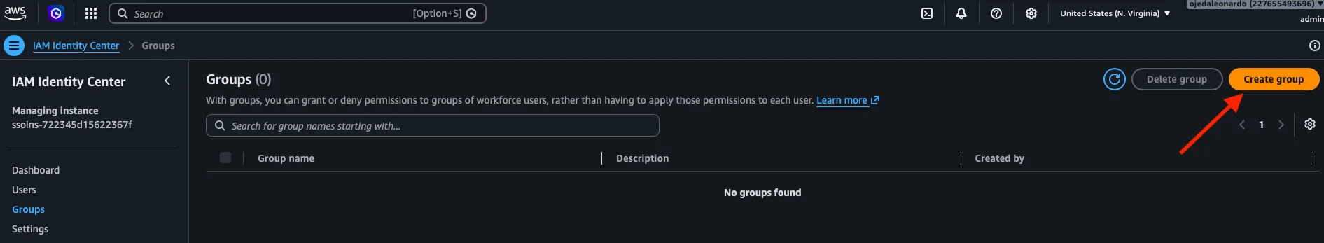 Lista de grupos vacía con el botón Create group