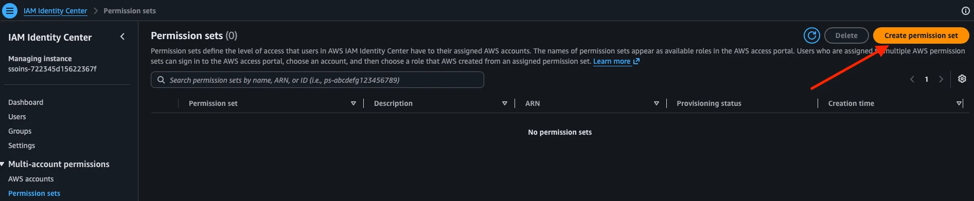 Lista de permission sets vacía con el botón Create permission set