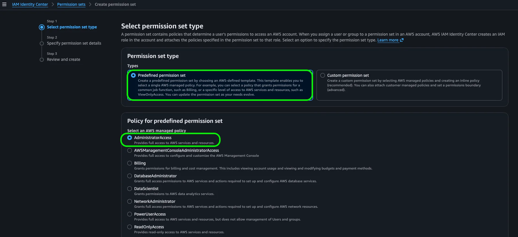 Step 1: elegir Predefined permission set y la policy AdministratorAccess