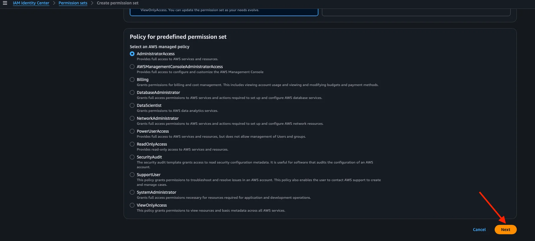 Lista completa de policies predefinidas disponibles para el permission set
