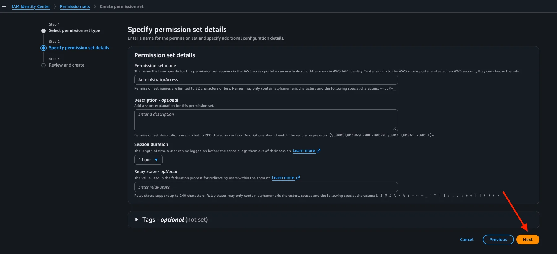Step 2: nombre del permission set y duración de la sesión