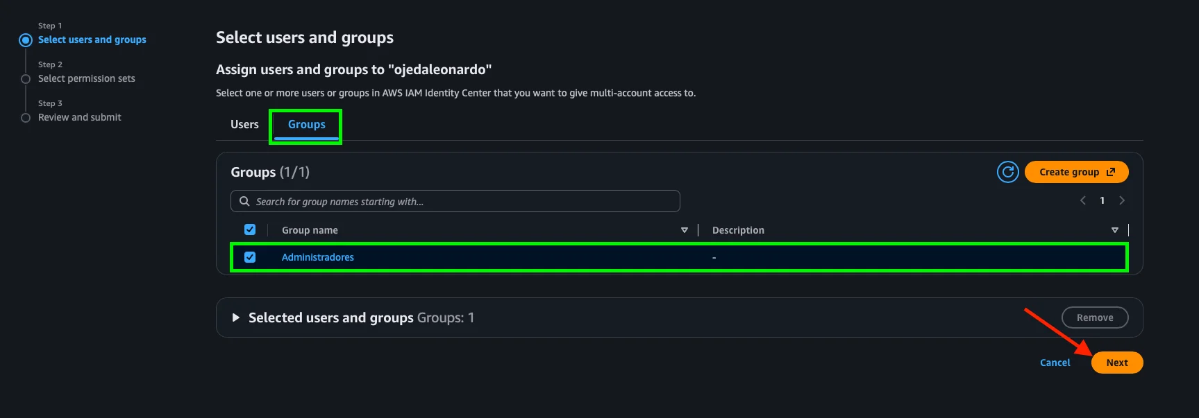 Step 1: seleccionar el grupo Administradores para asignarlo a la cuenta