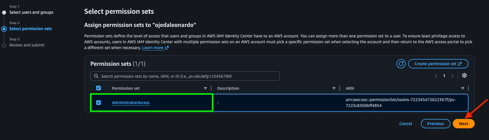 Step 2: seleccionar el permission set AdministratorAccess