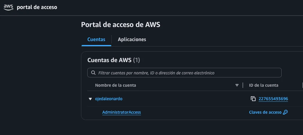Portal de acceso de AWS mostrando la cuenta y el rol AdministratorAccess disponible