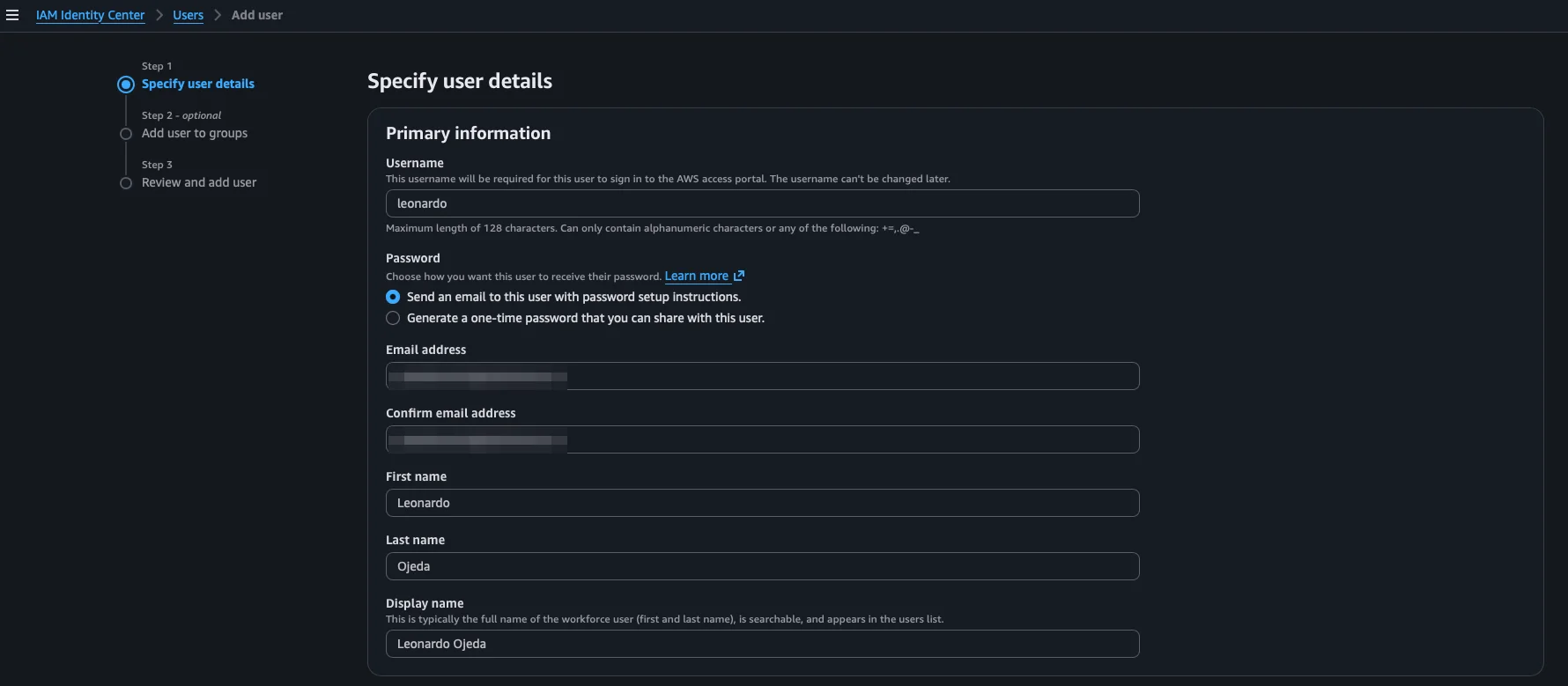 Step 1 del asistente Add user con la información principal del usuario