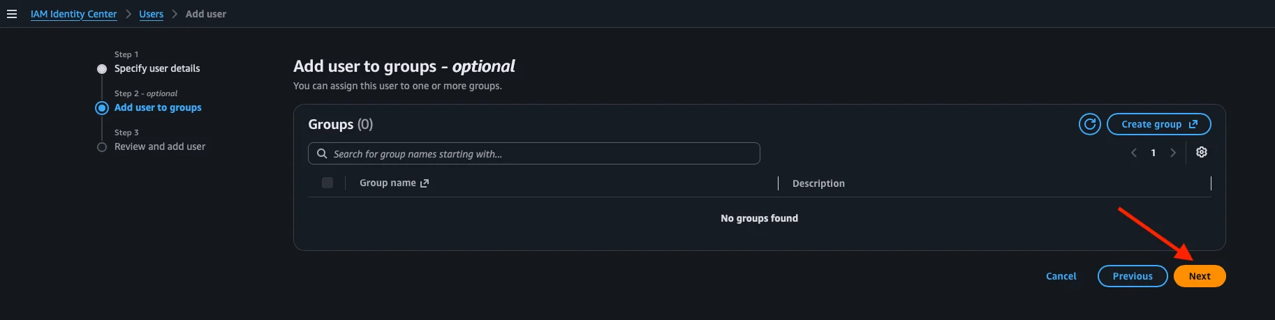Step 2 del asistente Add user con la lista de grupos vacía