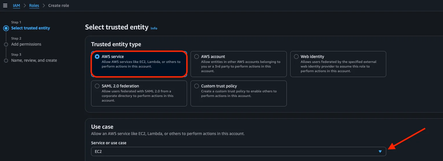 Selección de AWS service y EC2 como entidad de confianza