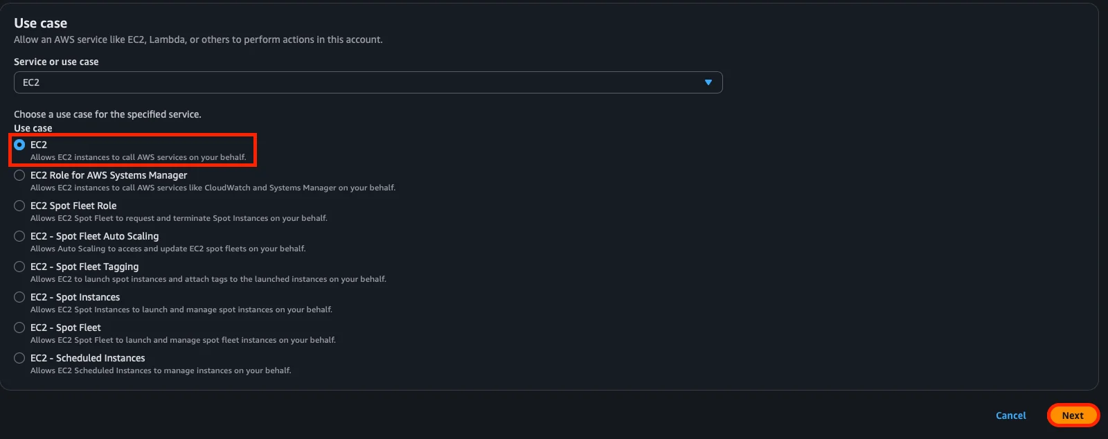 Selección del use case básico EC2