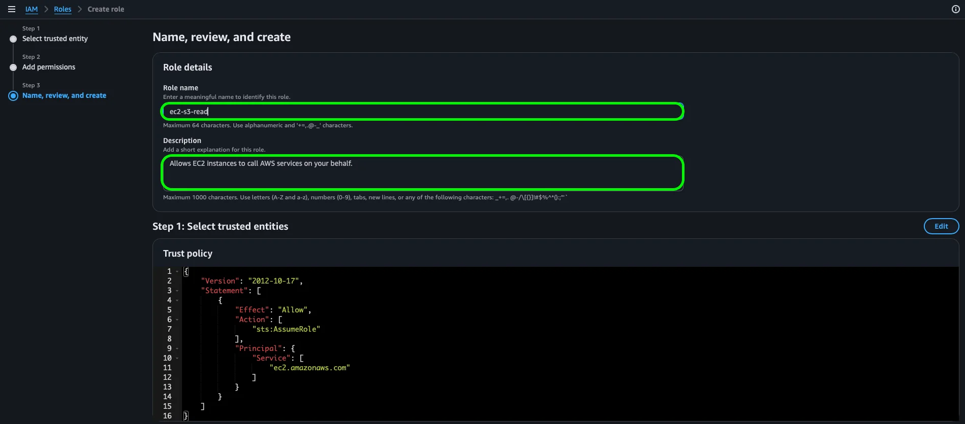 Pantalla Name, review and create con el nombre del role y la Trust policy generada