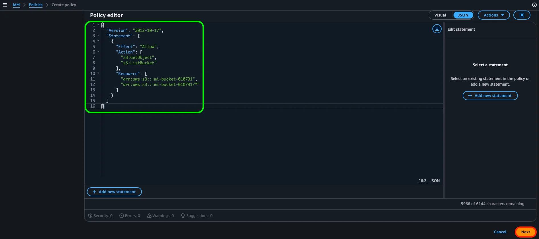 Policy editor en modo JSON con la policy de S3