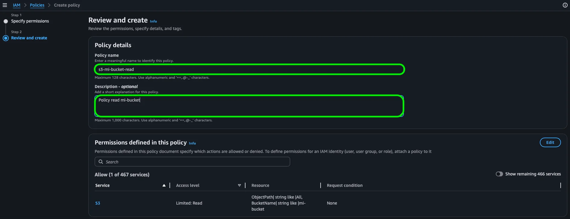 Pantalla Review and create con el nombre, descripción y resumen de permisos