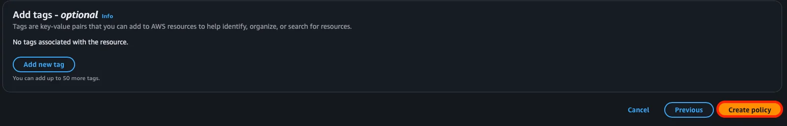 Sección de Tags y botón Create policy