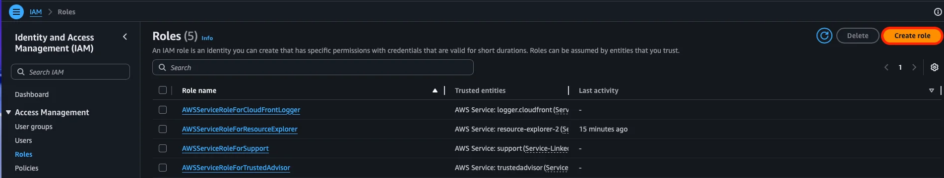Botón Create role en la lista de Roles