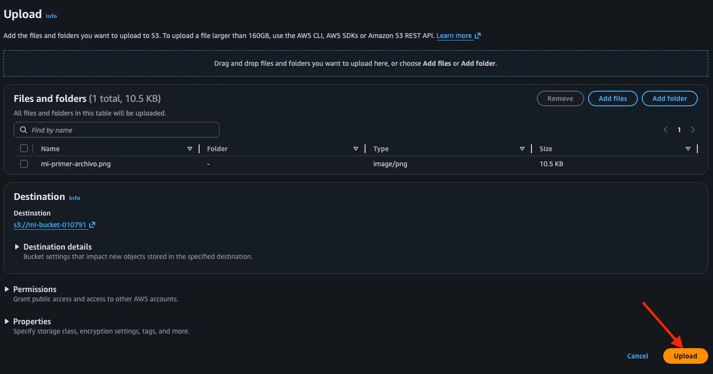 Archivo listado listo para subir con botón Upload