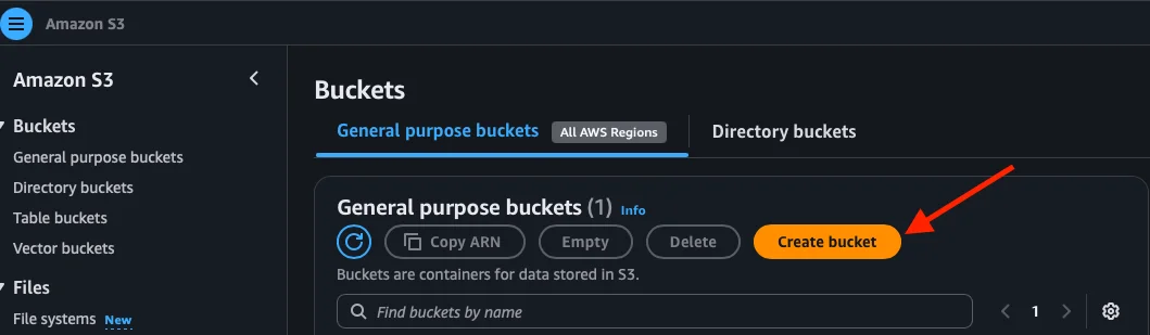 Lista de buckets con el botón Create bucket