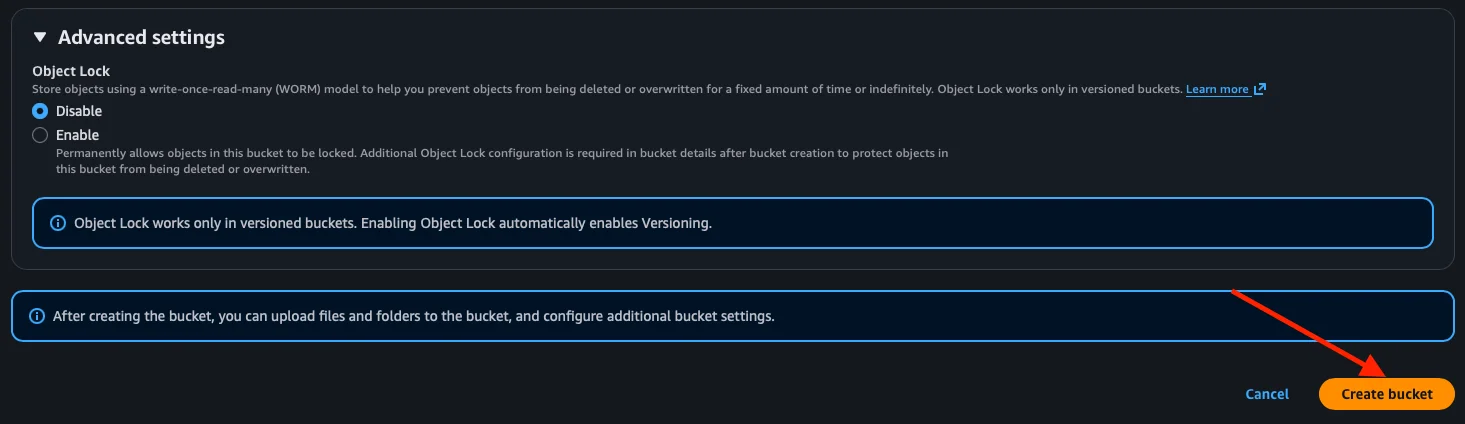 Advanced settings y botón Create bucket