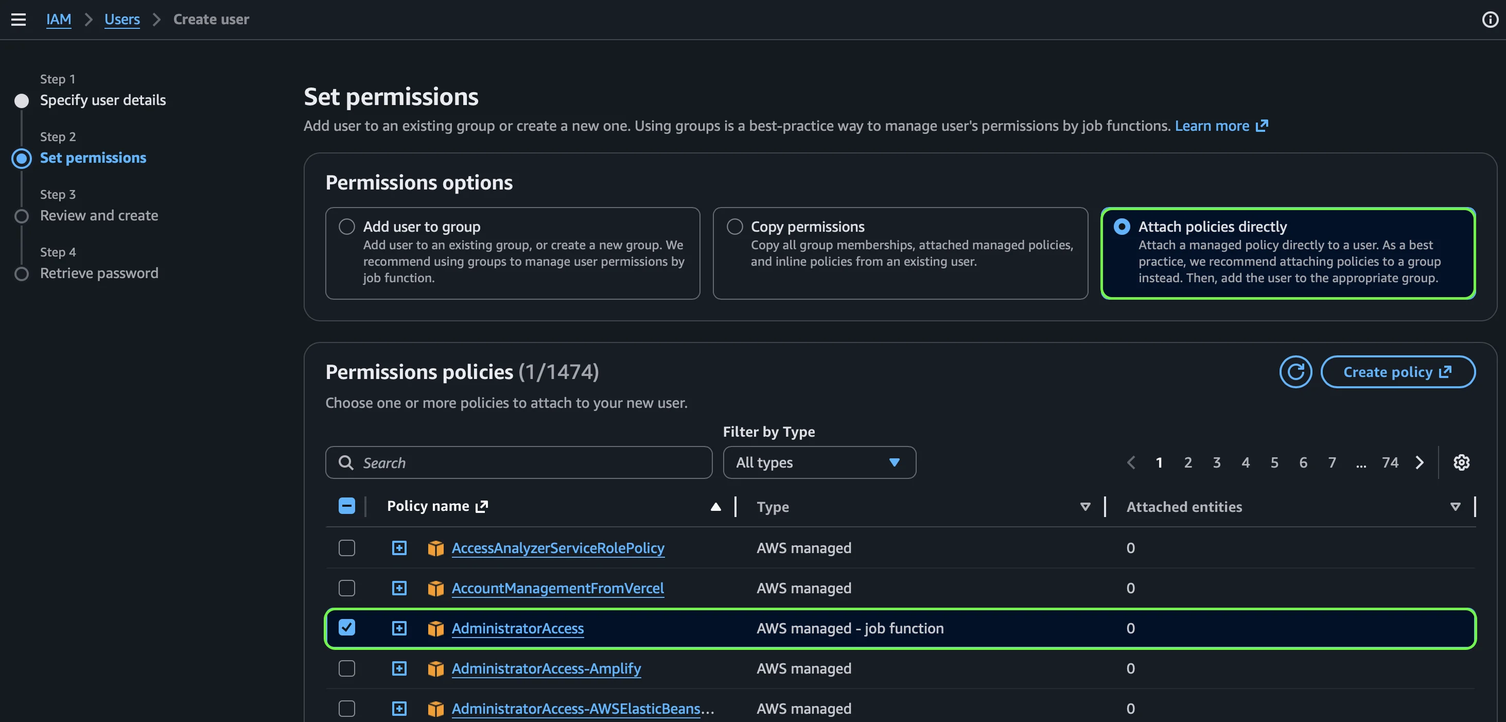 Pantalla Set permissions con Attach policies directly y AdministratorAccess seleccionada