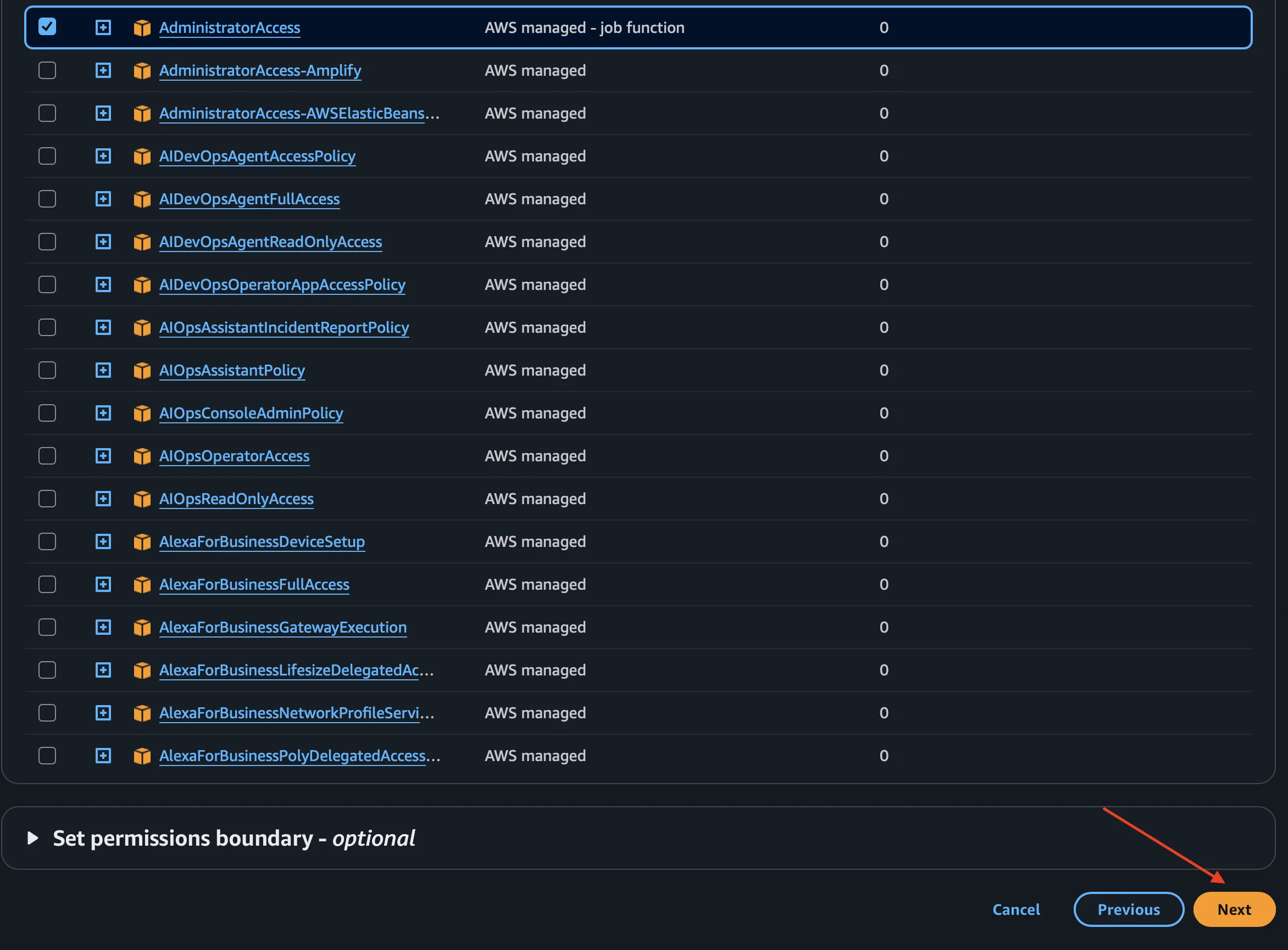 Botón Next al final de la lista de policies