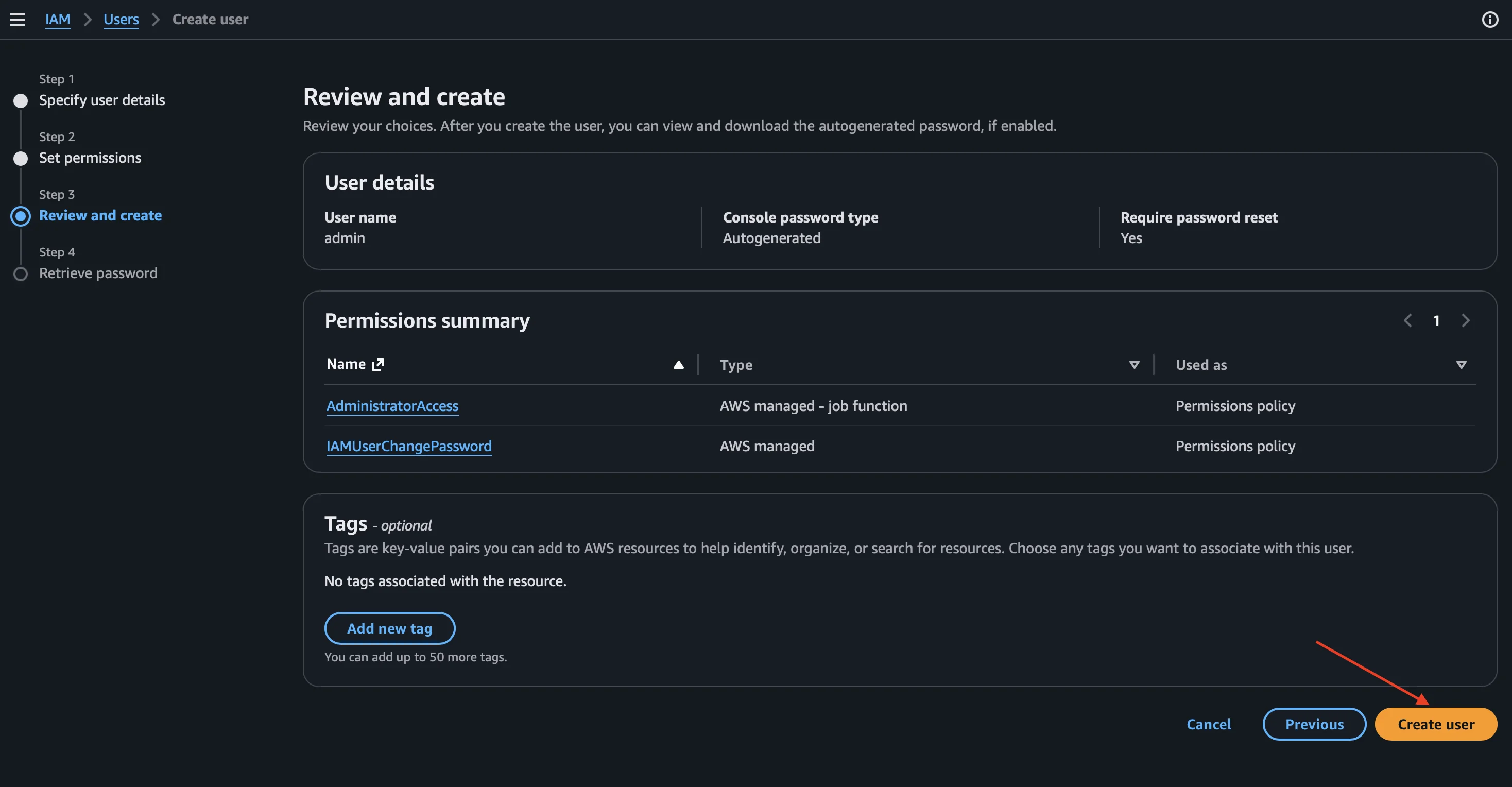 Pantalla Review and create con el resumen del usuario admin