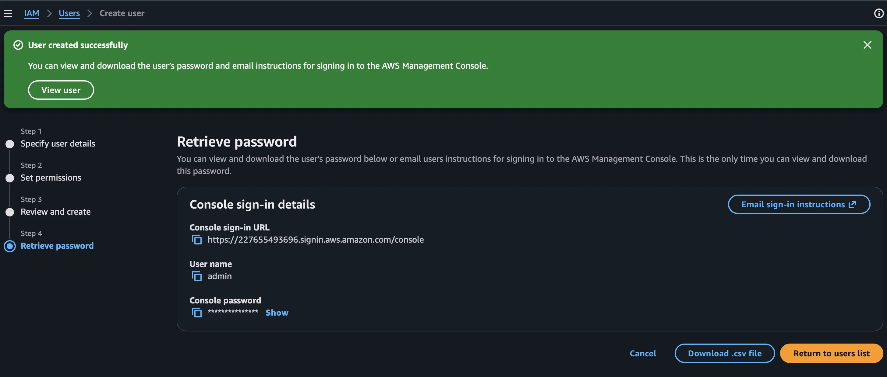Pantalla Retrieve password con las credenciales del usuario admin