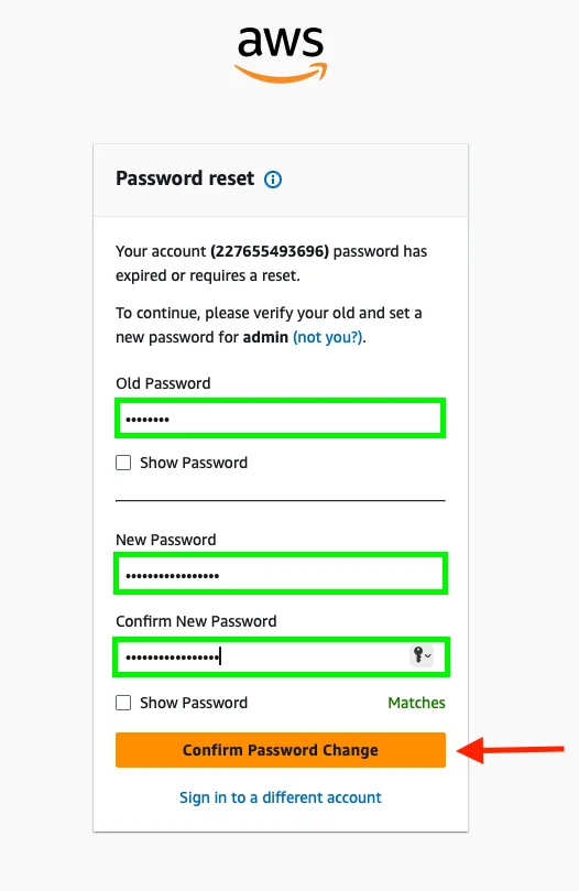 Pantalla de Password reset en el primer ingreso del usuario IAM