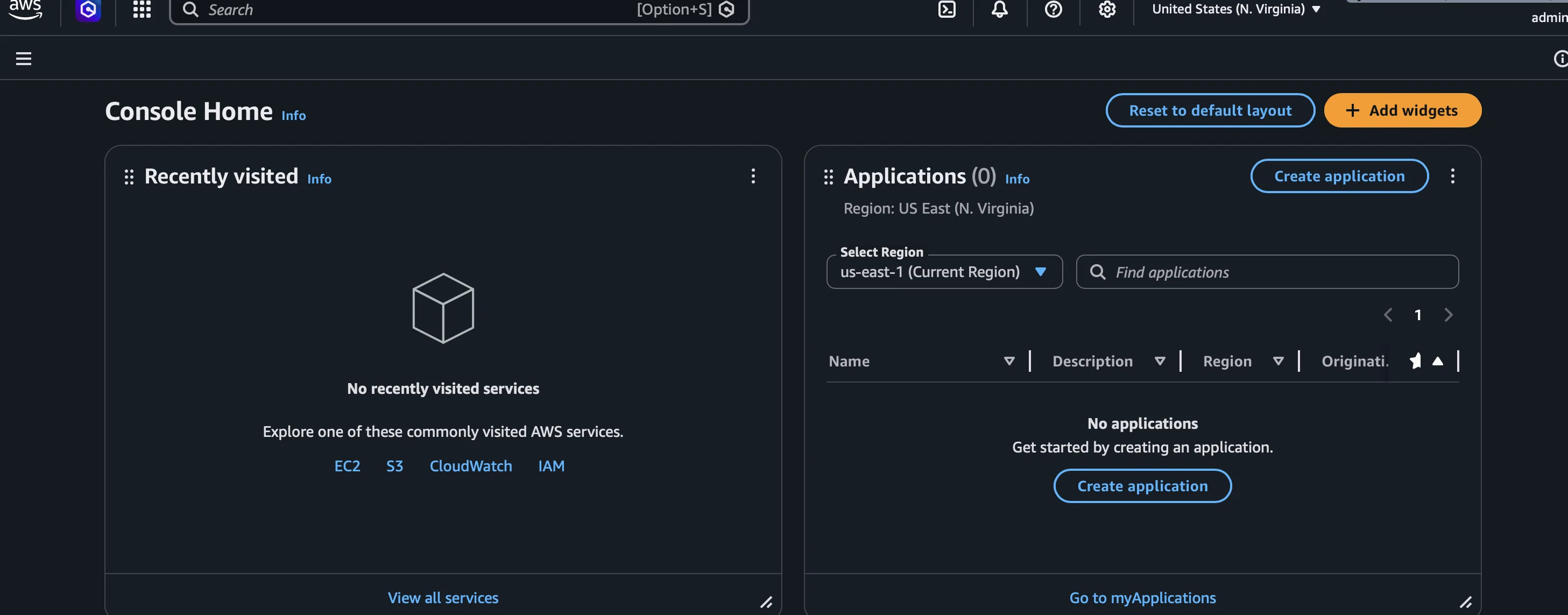 Consola de AWS logueado con el usuario IAM admin