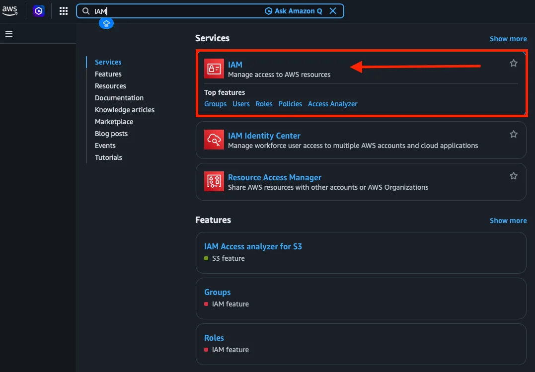 Resultado de búsqueda del servicio IAM