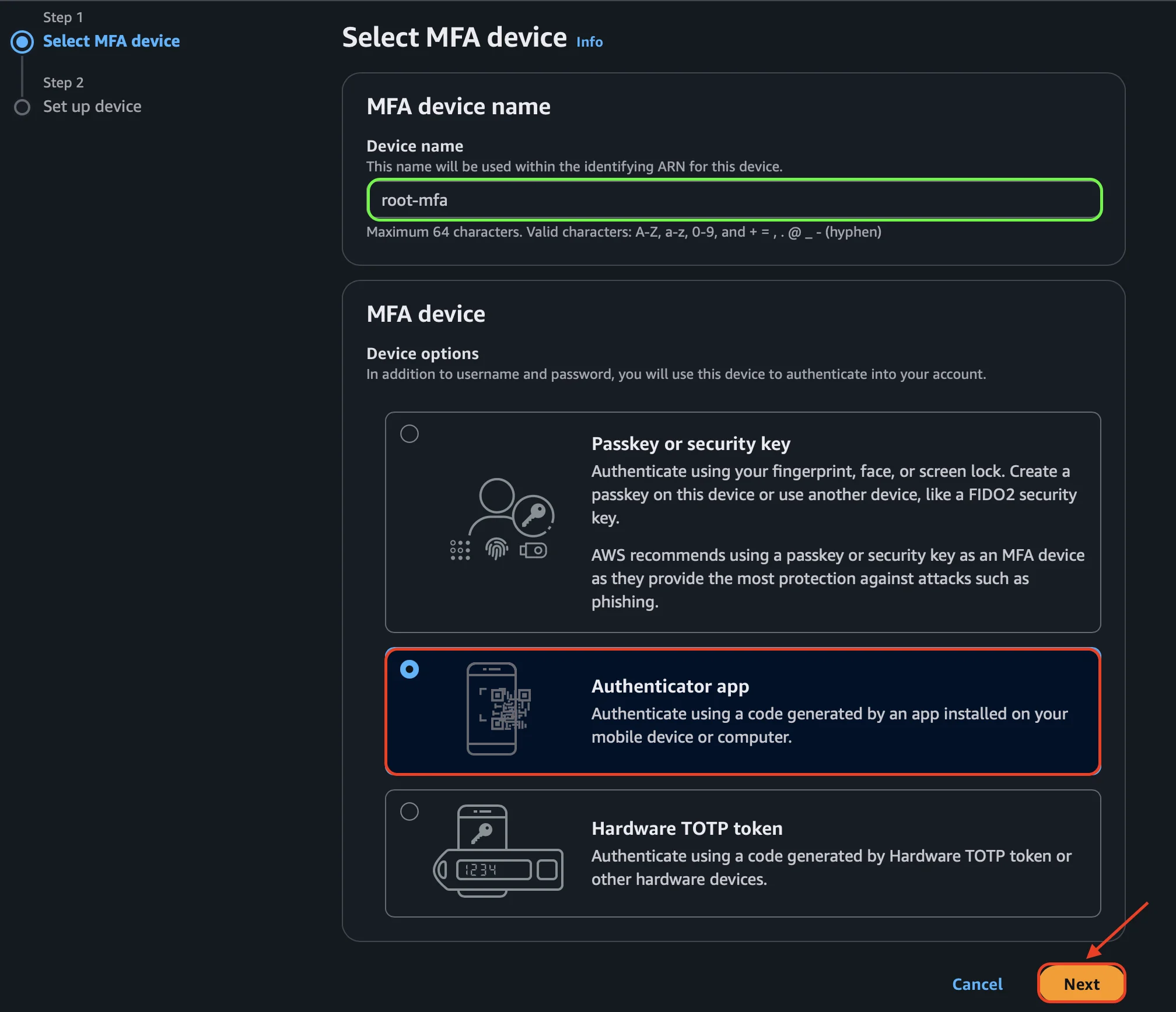 Selección del dispositivo MFA con Authenticator app