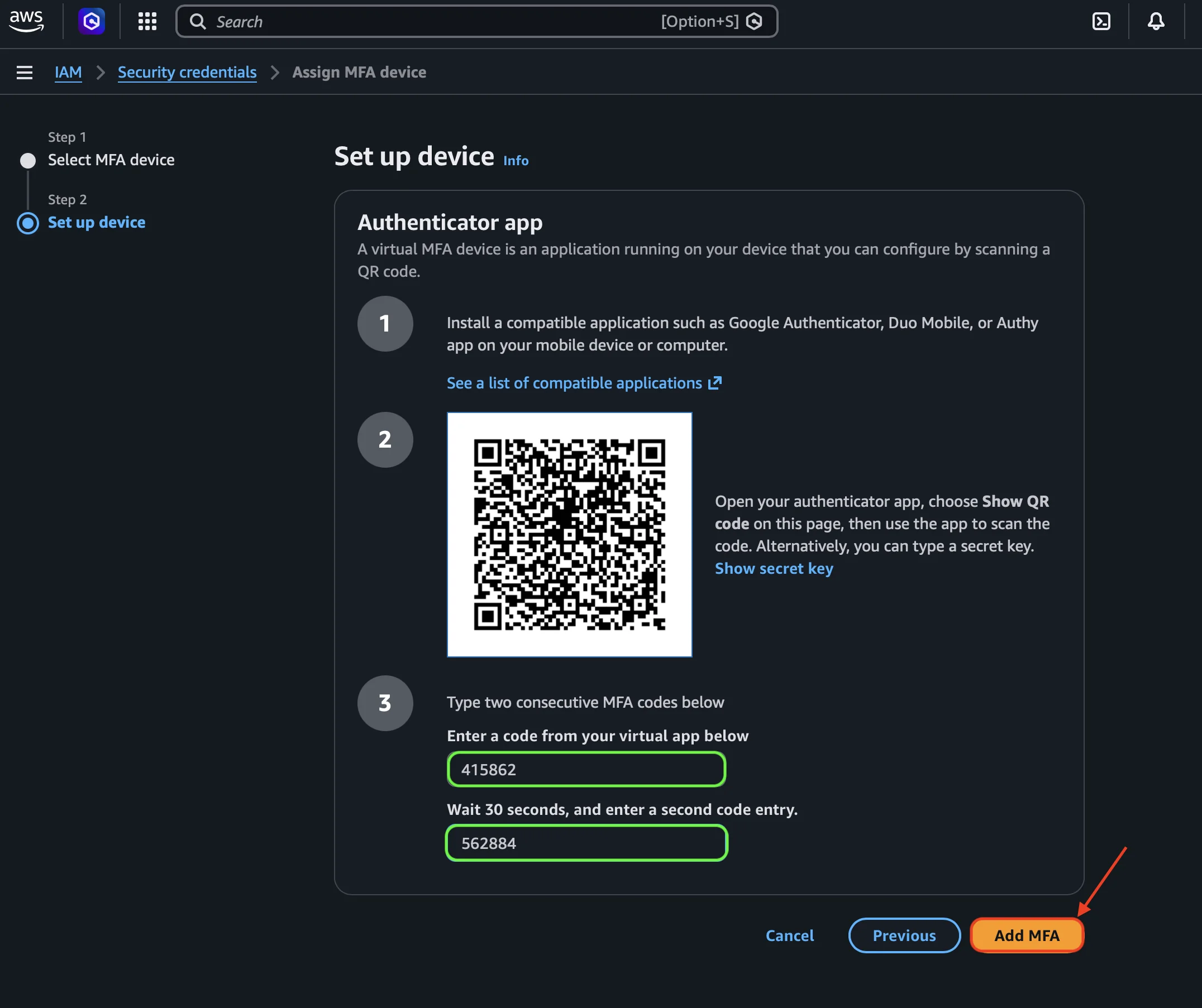 Escaneo del QR y confirmación de dos códigos MFA consecutivos