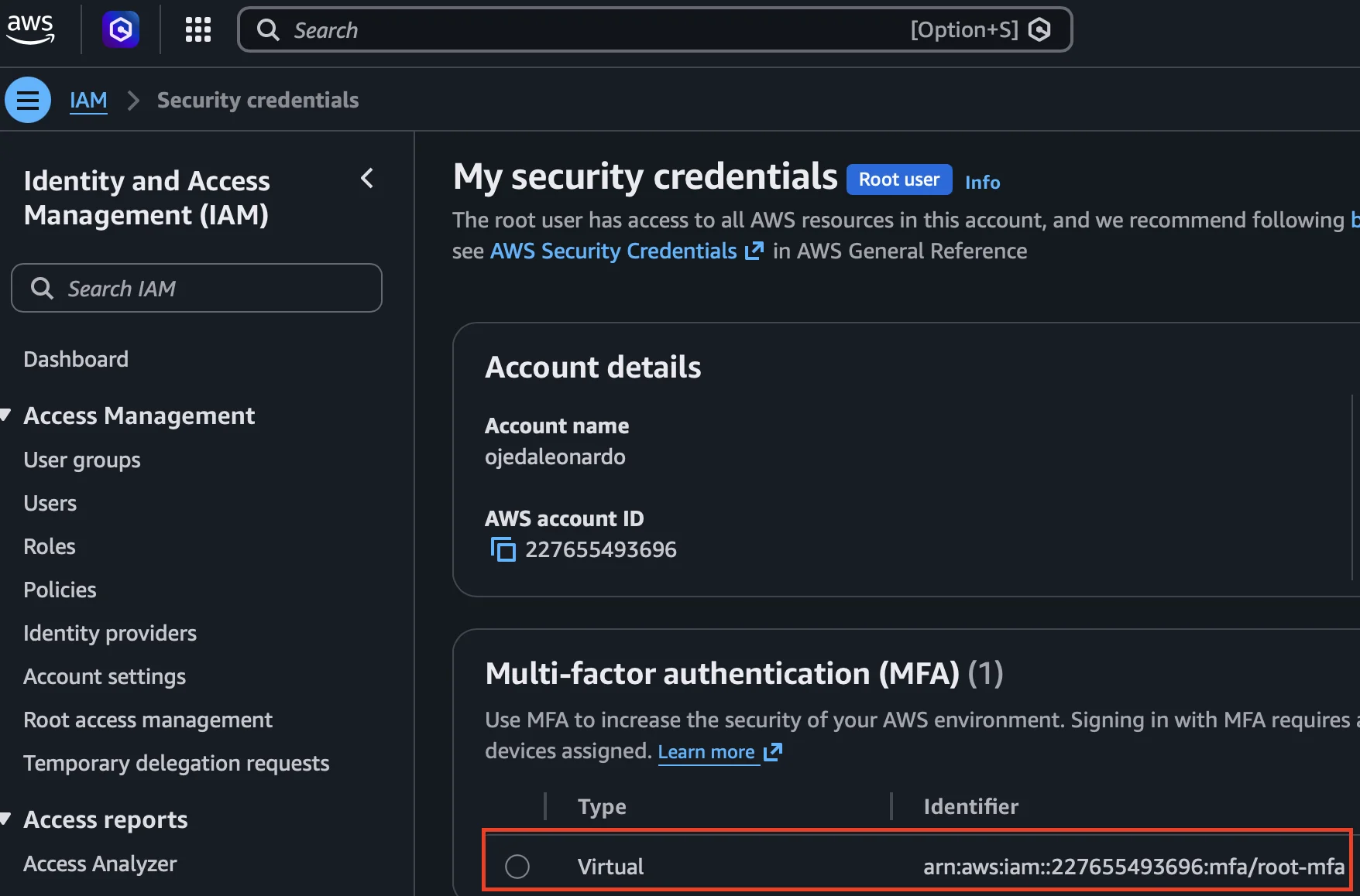 Dispositivo MFA virtual activo en las credenciales del root user