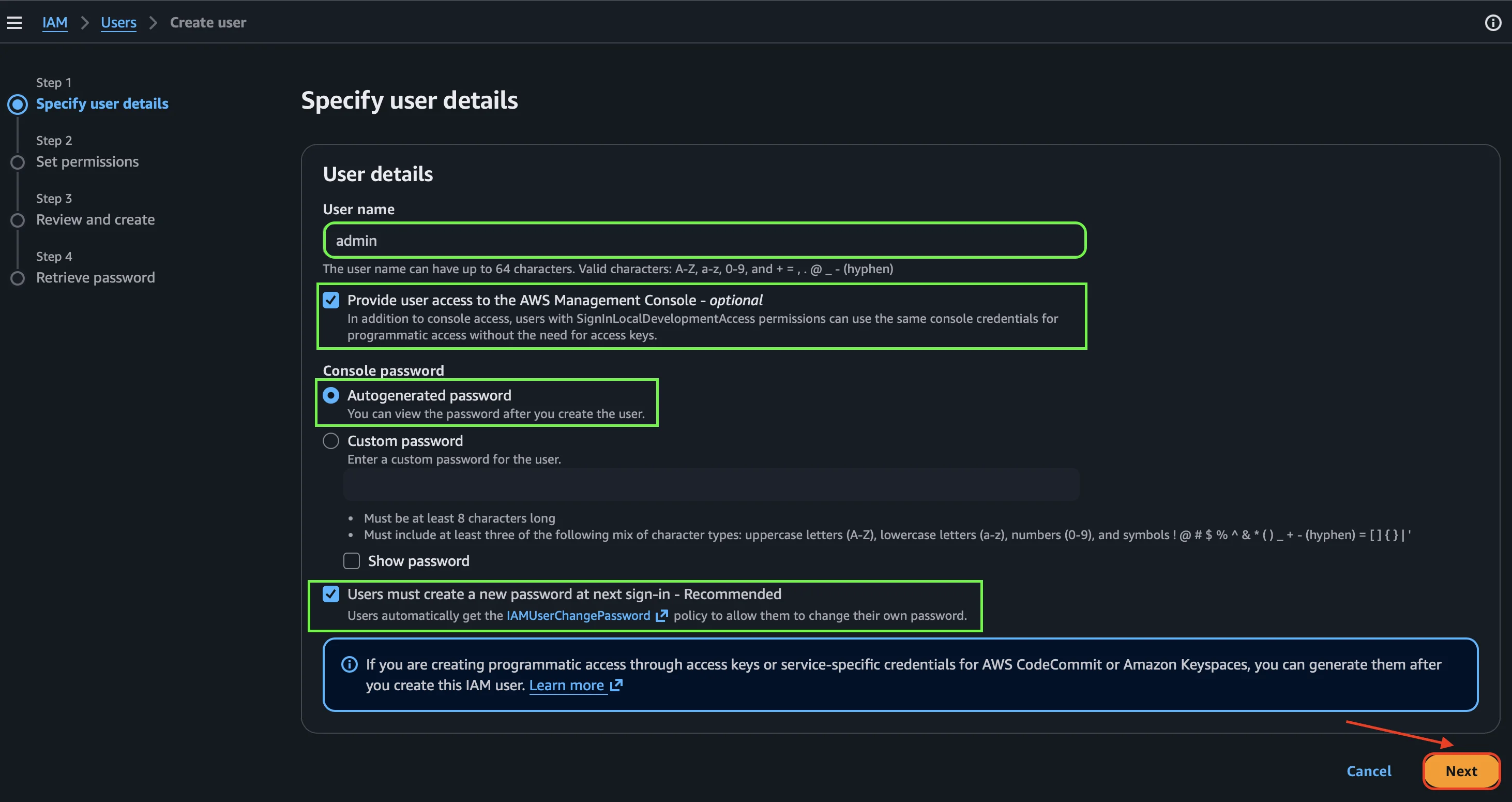 Formulario de detalles del usuario IAM con las opciones marcadas